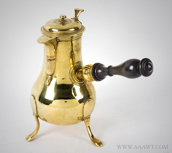 Brass Coffee Pot, Silver Form, Turned Wood Side Handle, Robust Size
French, Circa 1775, entire view
